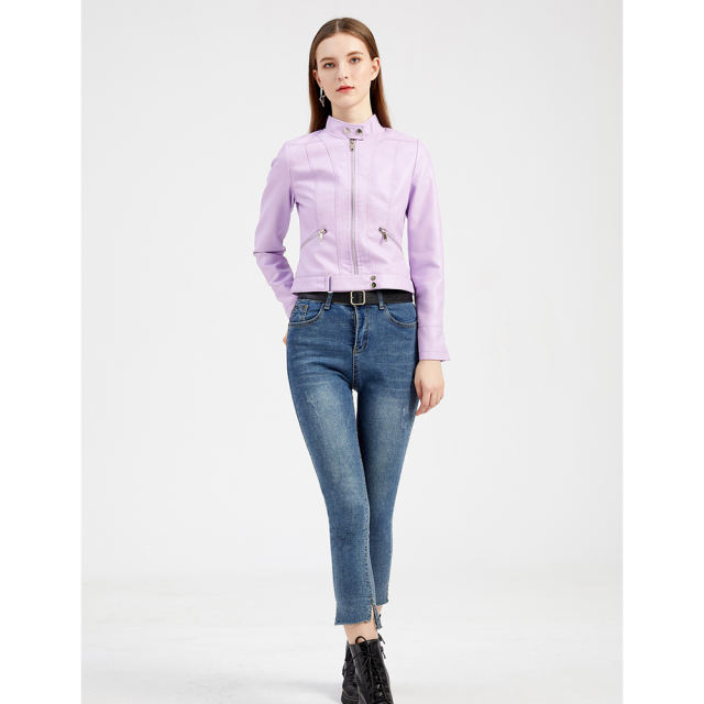 Light Purple PU Stand Collar Short Leather Jacket TQK280124-38