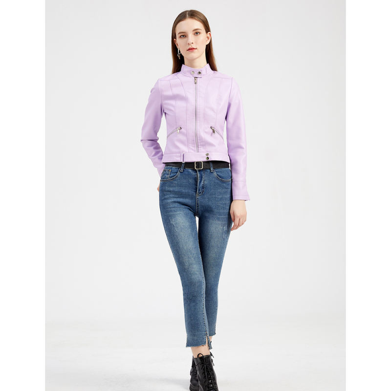 Light Purple PU Stand Collar Short Leather Jacket TQK280124-38