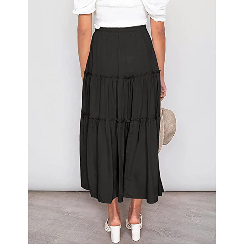 Black High Waist A-line Drawstring Maxi Skirt TQK360049-2
