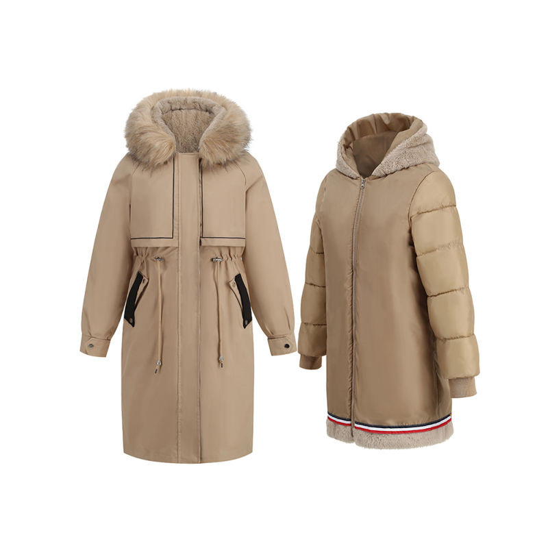 Brown Zipper Plush Collar Parker Thick Coat 2pcs Set  TQK280219-17