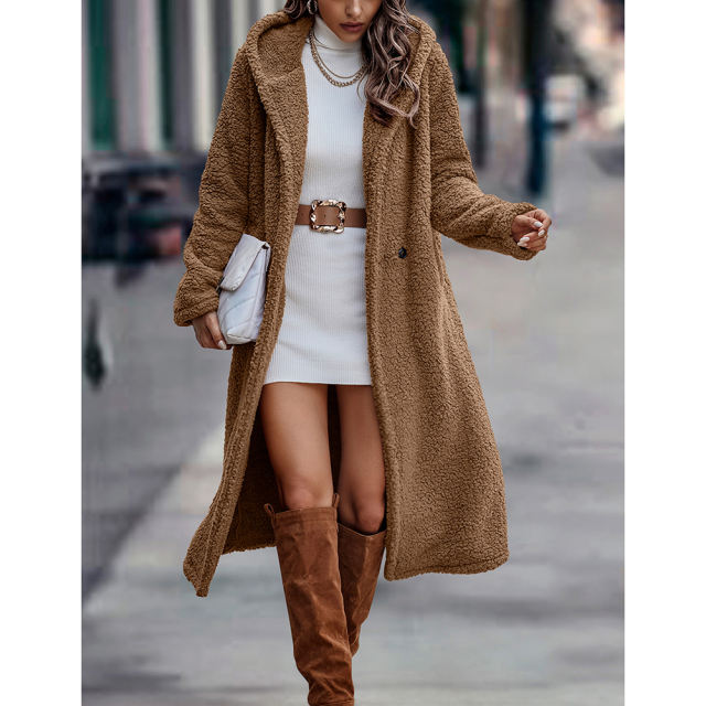 Camel Open Front Long Sleeve Hooded Fleece Coat TQK280217-58