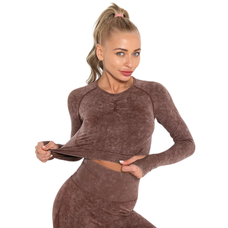 Coffee Nylon Seamless Long Sleeve Pant Yoga Set TQE91361-15