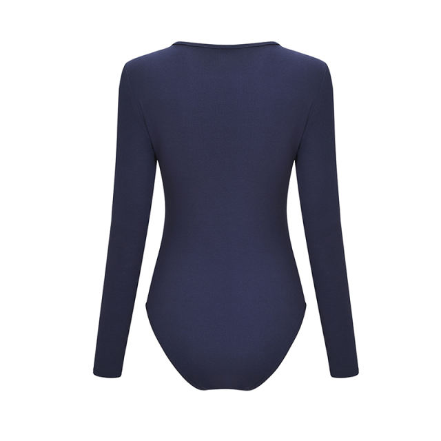 Navy Blue V Neck Long Sleeve Bodysuit TQK550147-34