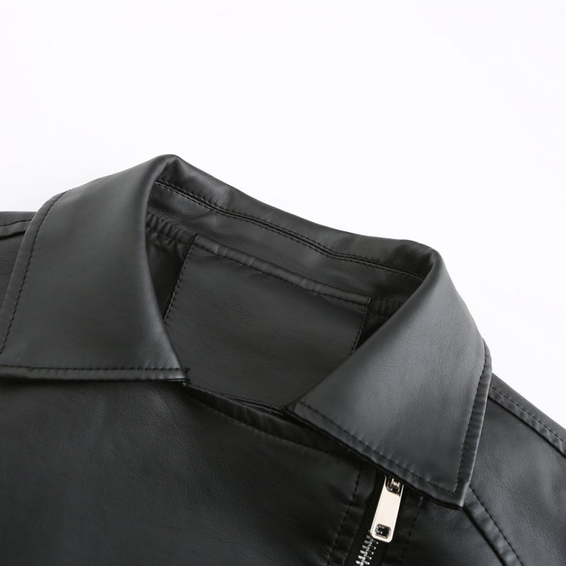 Black Zipper &amp; Bandage PU Leather Jacket TQK280142-2