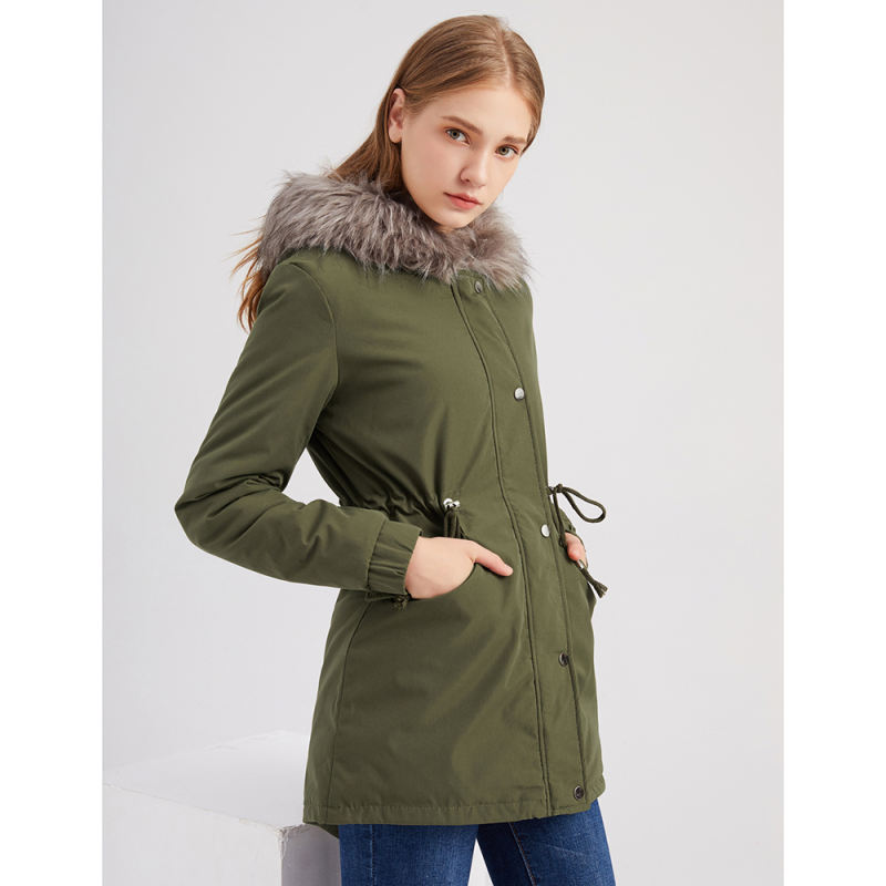 Army Green Fur Collar Drawstring Waist Warm Hooded Parka Coat TQK280130-27
