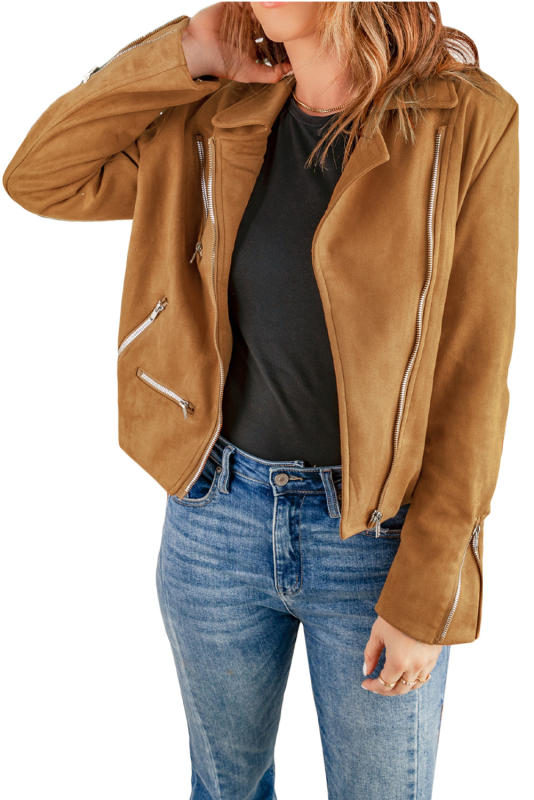 Brown Zipped Notch Collar Short Jacket LC85294-17
