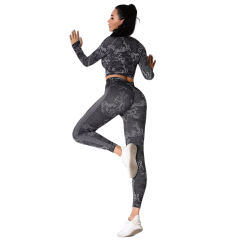 Gray Camo Knit Seamless Long Sleeve Pant Yoga Set TQE91362-11
