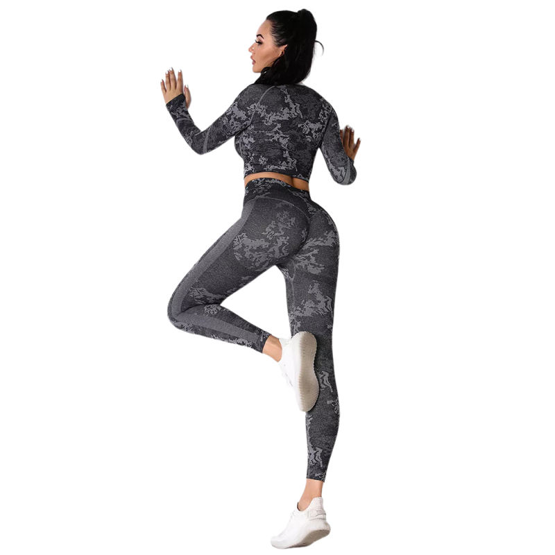 Gray Camo Knit Seamless Long Sleeve Pant Yoga Set TQE91362-11