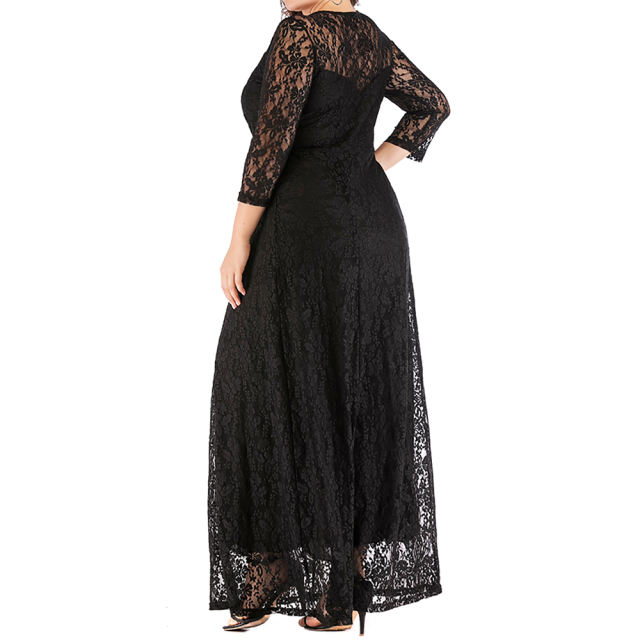Black 3/4 Sleeve Crew Neck Lace Plus Size Dress TQK310977-2
