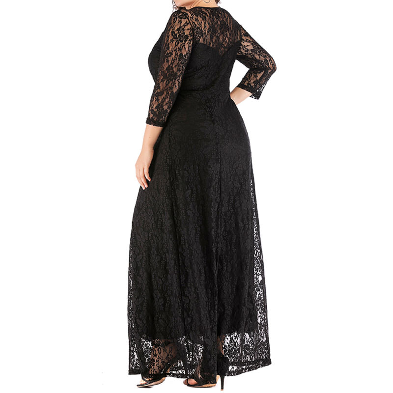 Black 3/4 Sleeve Crew Neck Lace Plus Size Dress TQK310977-2