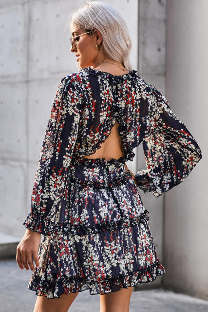 Blue Ruffle Detailing Open Back Floral Dress LC220829-5