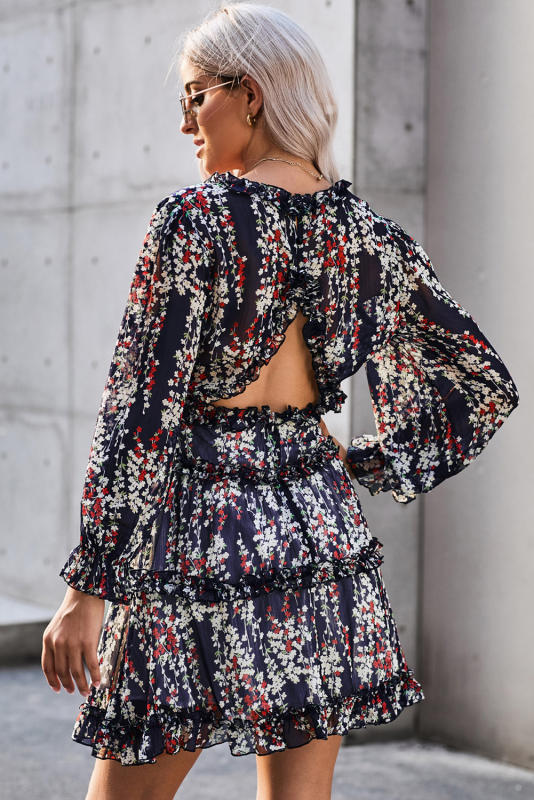 Blue Ruffle Detailing Open Back Floral Dress LC220829-5