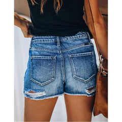 Blue Ripped Raw Hem Denim Shorts TQK530077-5