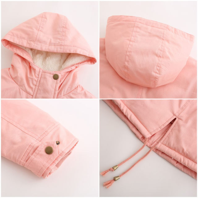 Pink Waist Drawstring Plush Hooded Thick Parka Coat TQK280127-10