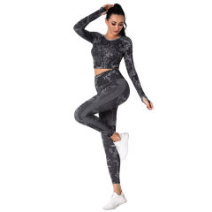 Gray Camo Knit Seamless Long Sleeve Pant Yoga Set TQE91362-11
