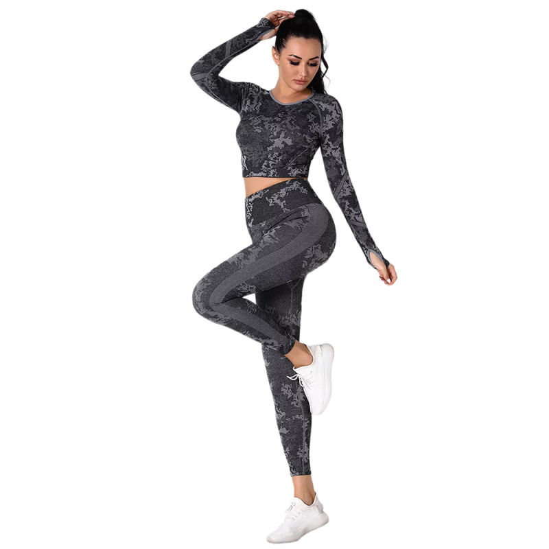 Gray Camo Knit Seamless Long Sleeve Pant Yoga Set TQE91362-11