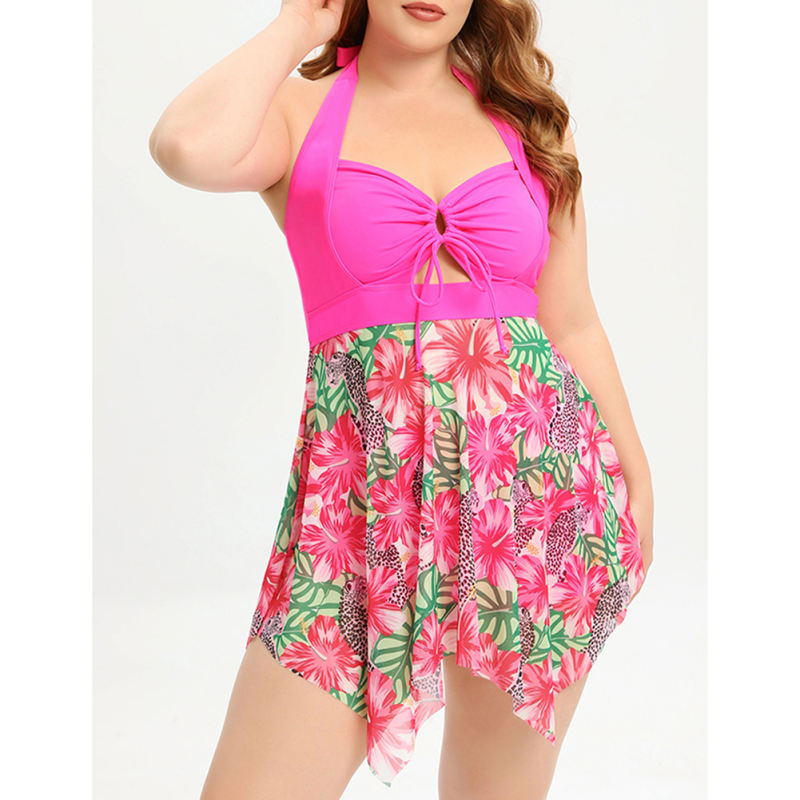 Rosy Halter Neck Mesh Floral Print Plus Size Swimdress TQX610027-6