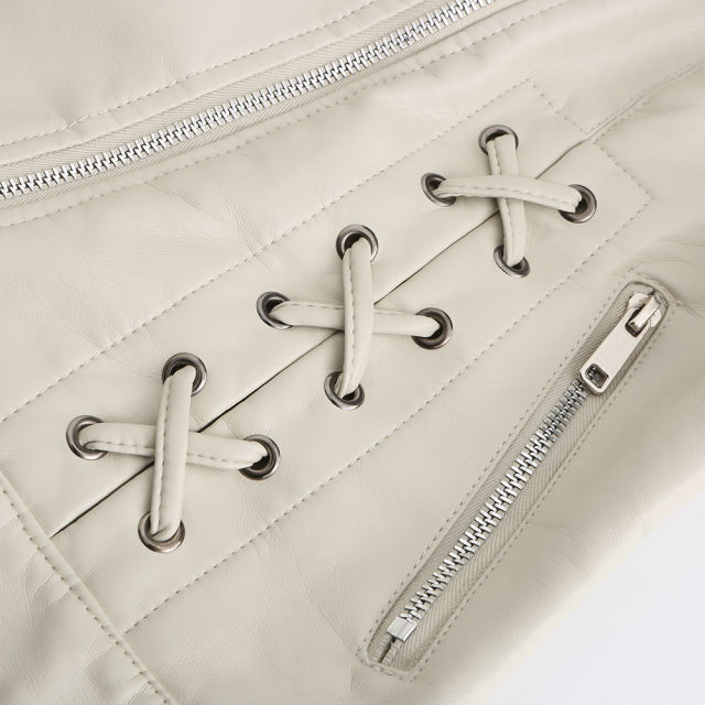 Beige Zipper &amp; Bandage PU Leather Jacket TQK280142-46