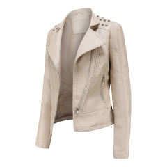 Beige Rivet Decoration Turndown Collar PU Leather Jacket TQK280137-46