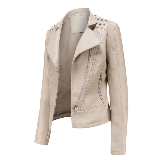 Beige Rivet Decoration Turndown Collar PU Leather Jacket TQK280137-46