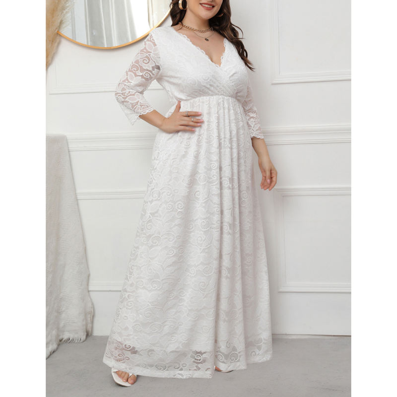 White V Neck Lace Plus Size Evening Dress TQV310004-1