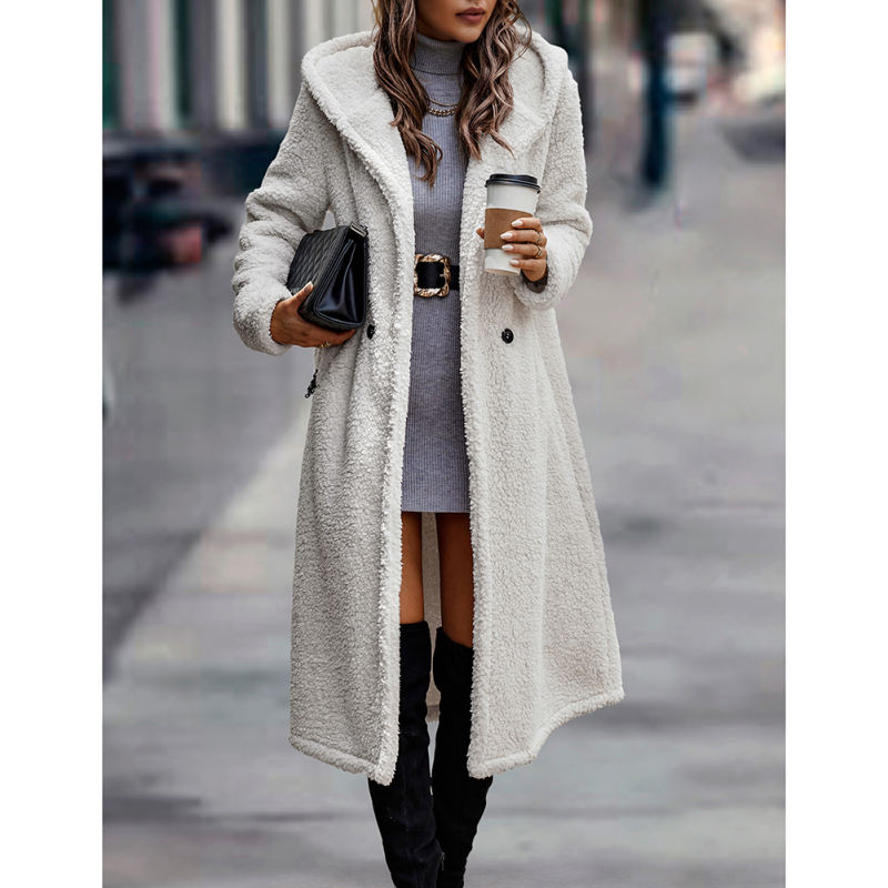 Beige Open Front Long Sleeve Hooded Fleece Coat TQK280217-46
