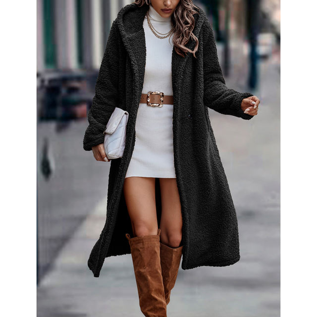 Black Open Front Long Sleeve Hooded Fleece Coat TQK280217-2