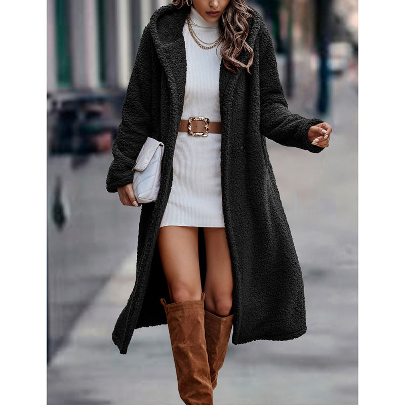 Black Open Front Long Sleeve Hooded Fleece Coat TQK280217-2