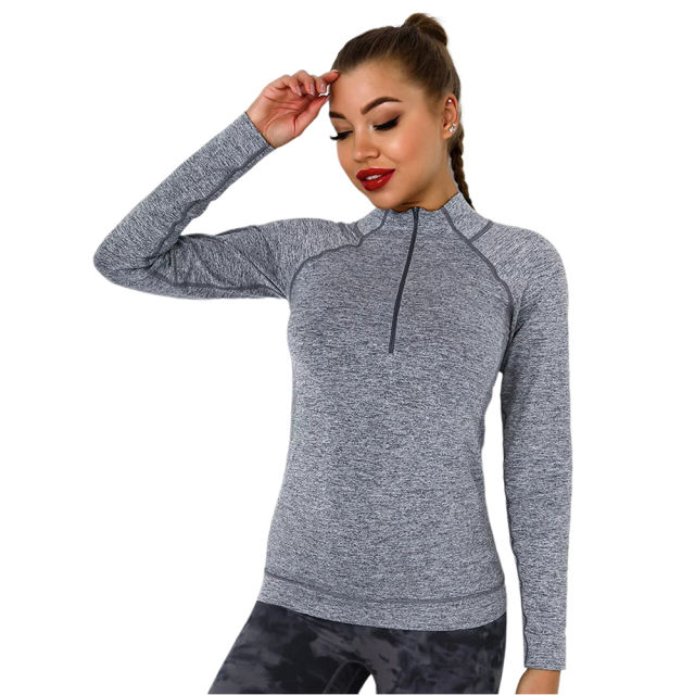 Dark Gray Quick Dry Zipper Knit Tight Yoga Tops TQE91363-23