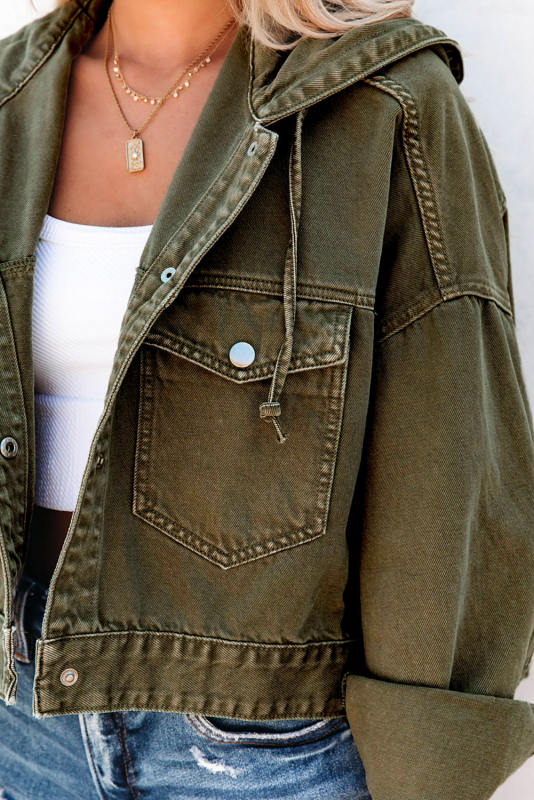 Green Large Pockets Hooded Cropped Denim Jacket LC788165-9