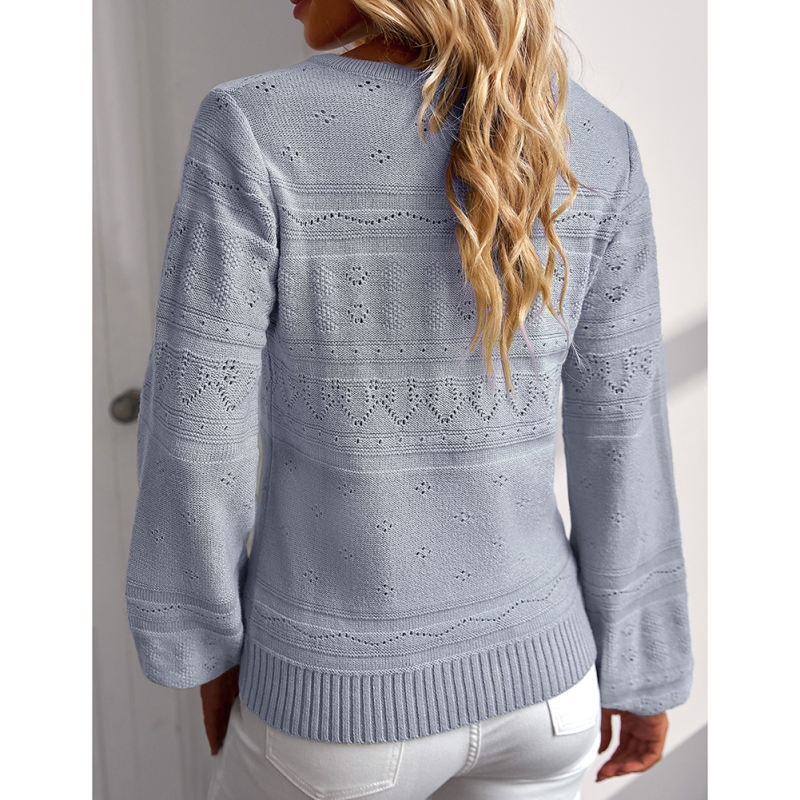 Blue V Neck Hollow-out Long Sleeve Sweater TQV270058-5