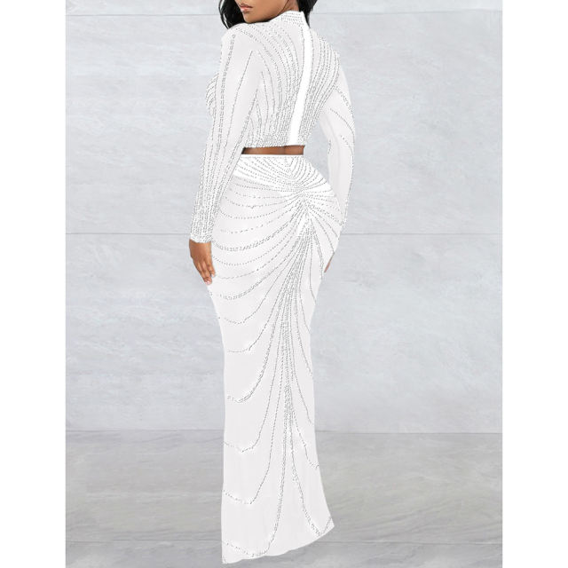 White Rhinestones Long Sleeve Crop with Maxi Skirt Set TQV810029-1