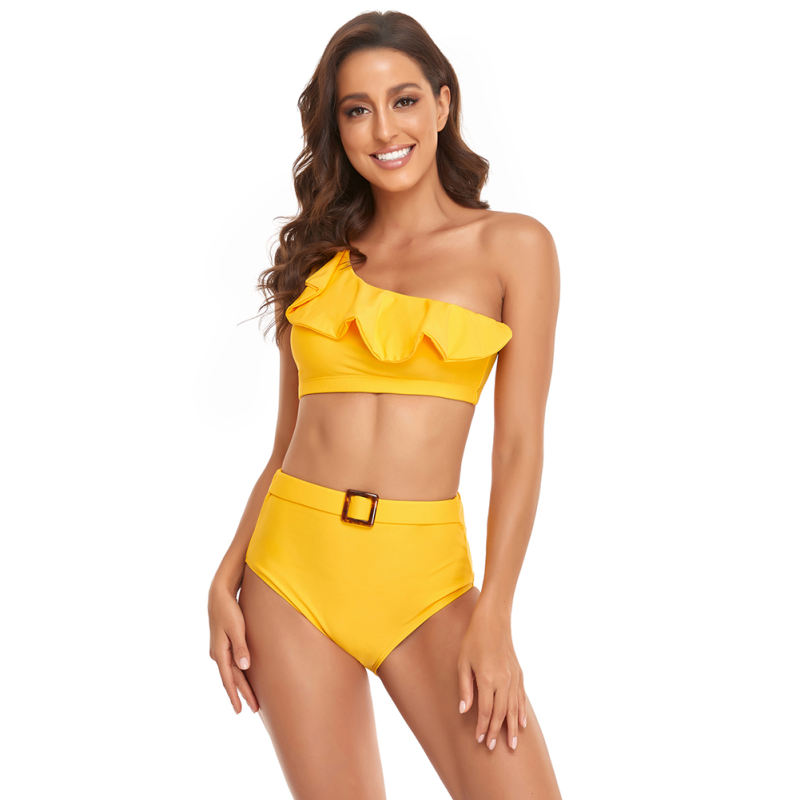 Yellow One Shoulder Ruffle Bikini Swimwear TQK610299-7