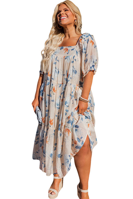 White Floral Print Puff Sleeve Square Neck Plus Size Dress PL61084-1