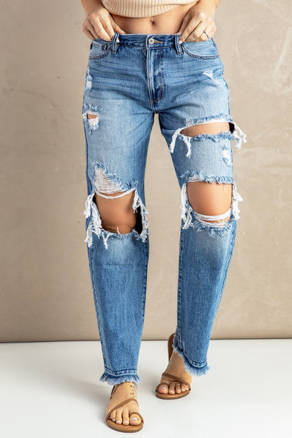 Sky Blue Distressed Holes Hollow-out Boyfriend Jeans LC783885-4