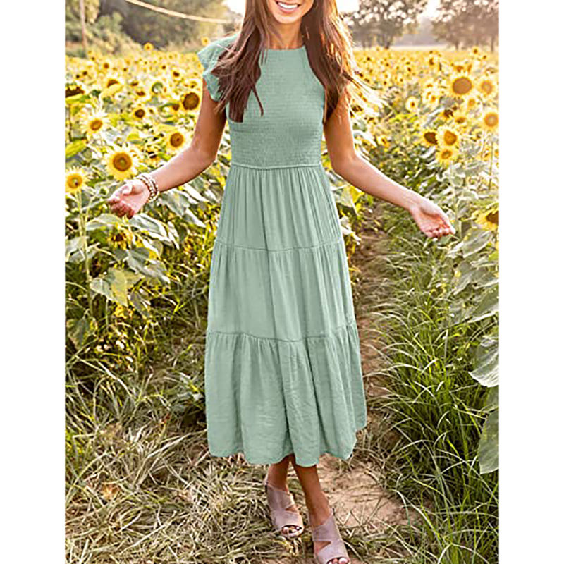 Light Green Ruffled Sleeve Pleated Layered Casual Dress TQV310008-28