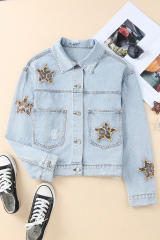 Sky Blue Leopard Star Distressed Cropped Denim Jacket LC788175-4