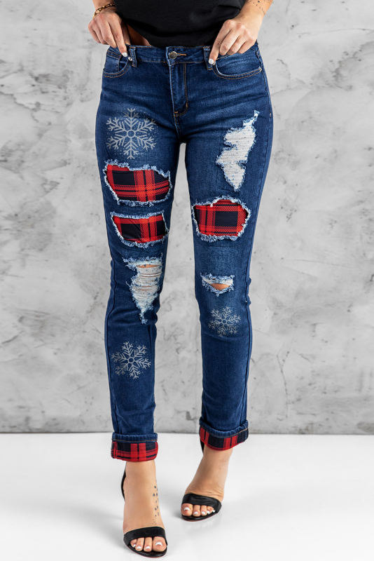 Red Snowflake Print Plaid Insert Distressed Ripped Jeans LC7872165-3