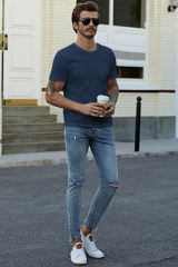 Blue Solid Color Short Sleeve Men\'s T-shirt MC252718-5