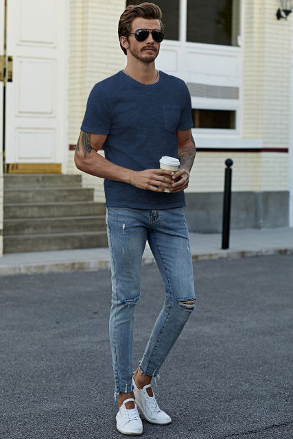 Blue Solid Color Short Sleeve Men\'s T-shirt MC252718-5