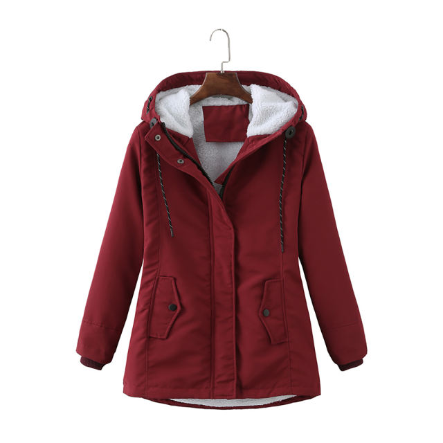 Wine Red Plush Warm Hooded Parka Coat TQK280128-23
