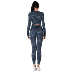 Blue Camo Knit Seamless Long Sleeve Pant Yoga Set TQE91362-5