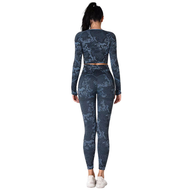 Blue Camo Knit Seamless Long Sleeve Pant Yoga Set TQE91362-5