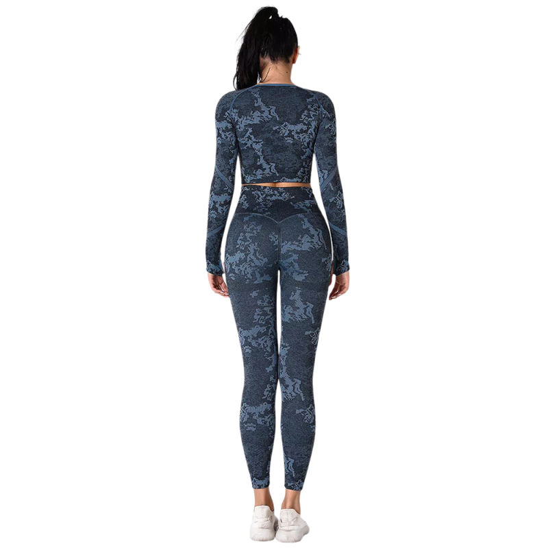 Blue Camo Knit Seamless Long Sleeve Pant Yoga Set TQE91362-5