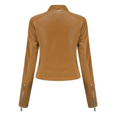 Camel PU Stand Collar Short Leather Jacket TQK280124-58