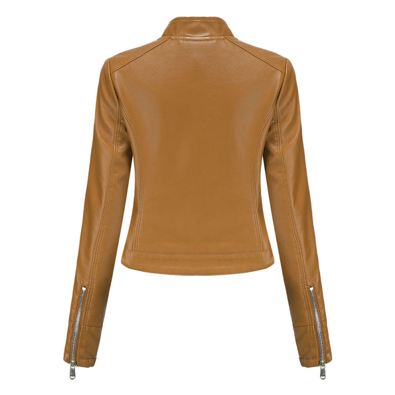 Camel PU Stand Collar Short Leather Jacket TQK280124-58
