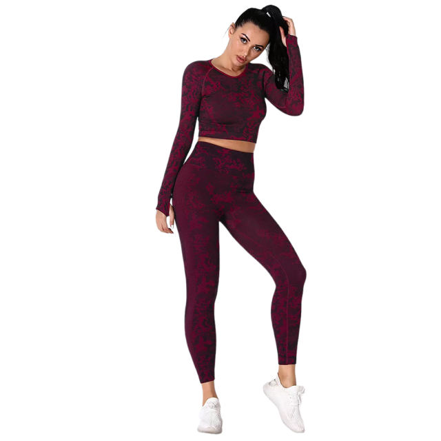Wine Red Camo Knit Seamless Long Sleeve Pant Yoga Set TQE91362-103