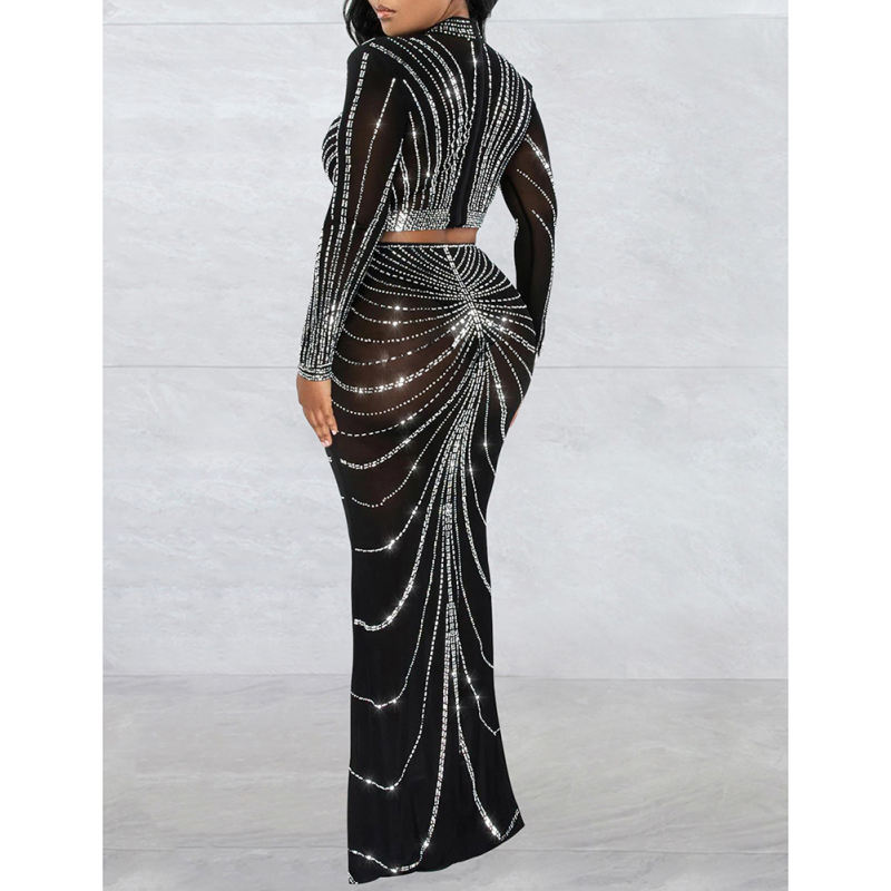 Black Rhinestones Long Sleeve Crop with Maxi Skirt Set TQV810029-2
