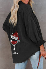 Black Christmas Hat Wine Glass Print Distressed Denim Jacket LC854283-2