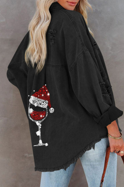 Black Christmas Hat Wine Glass Print Distressed Denim Jacket LC854283-2